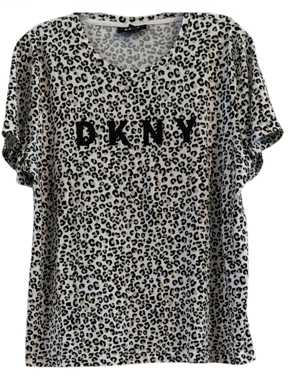 DKNY Cotton Modal Tan Black Leopard Print Logo Graphic Tee XL